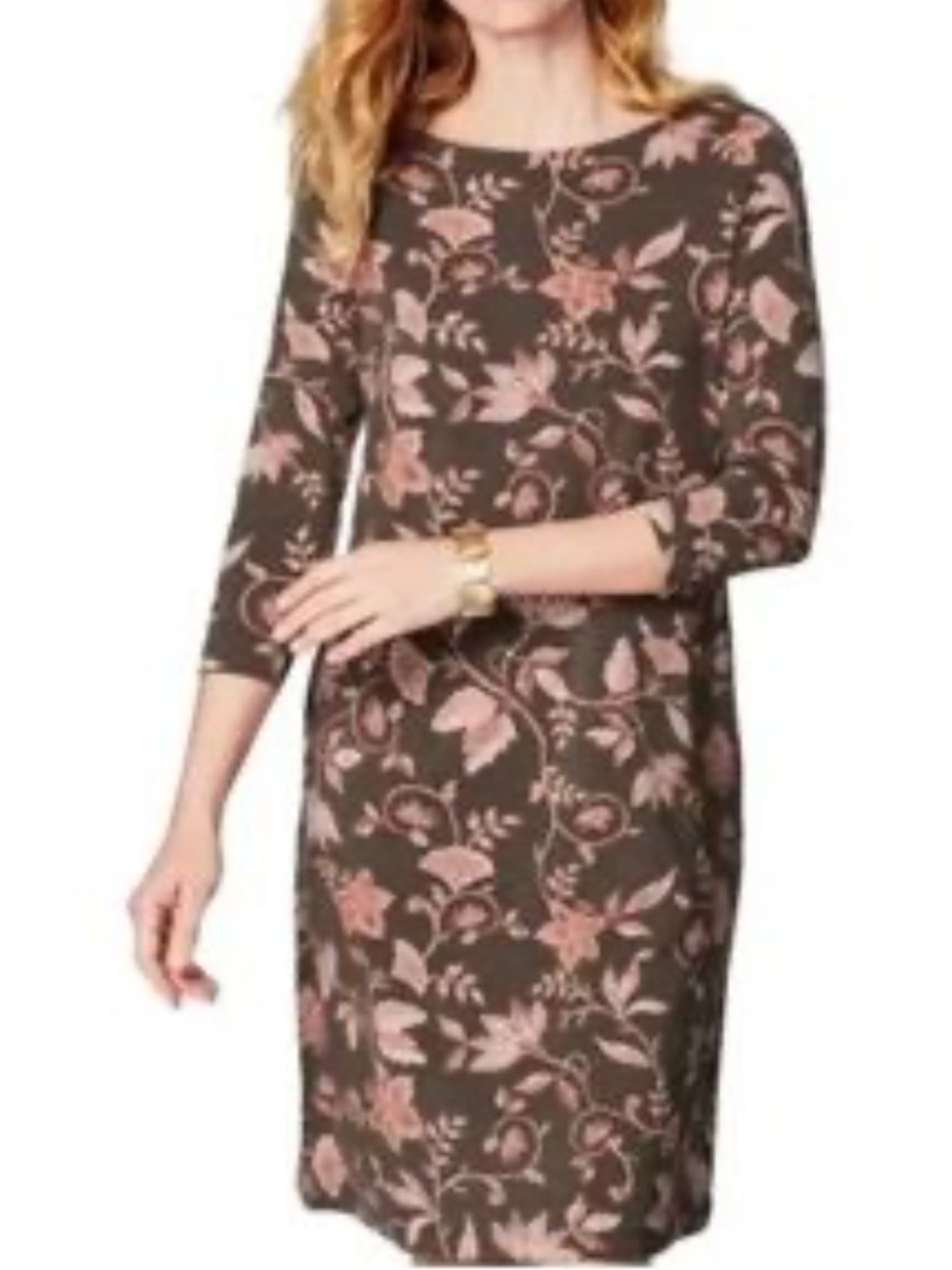 New J.Jill Brown Pullover Dress with Pink Floral Print Size Small